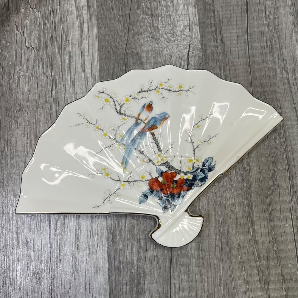 𝅺VINTAGE Bird Branch Floral Fan White Porcelain Trinket Tray Jay Fine China - Picture 2 of 5
